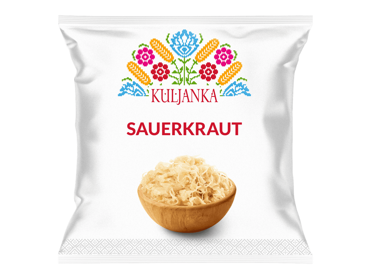 Pussi hapankaalia perinteisellä kuviolla koristeltuna.