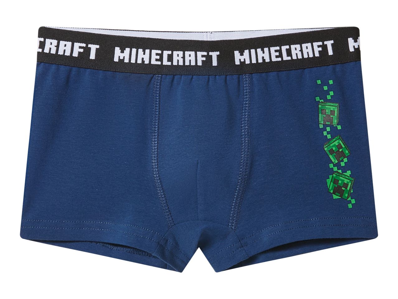 Blue boys' boxers with a black waistband featuring white text and green pixelated creeper graphics.