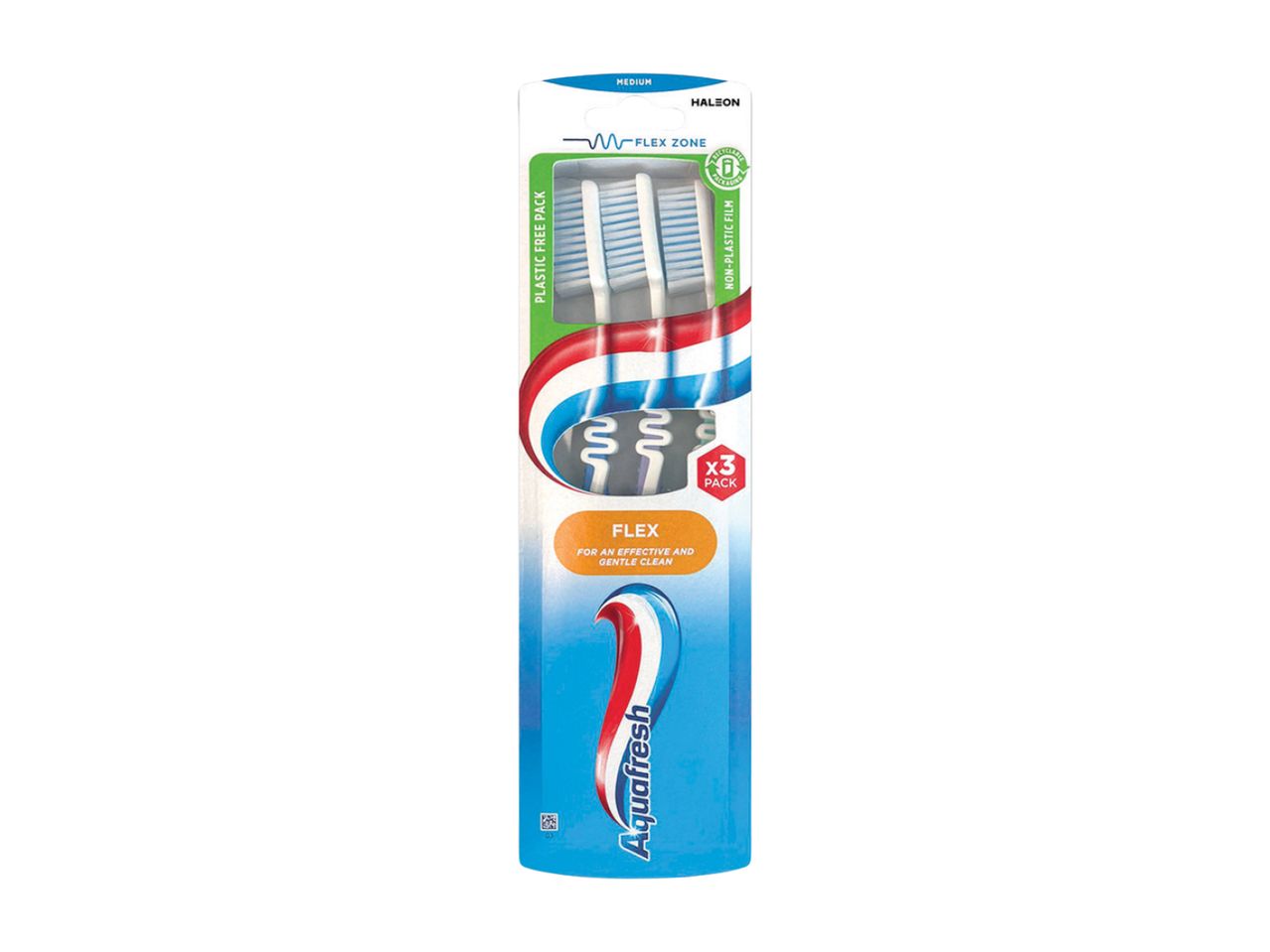 Aquafresh Flex četkice za zube, pakovanje od 3 komada, sa oznakom „Plastic Free Pack“.
