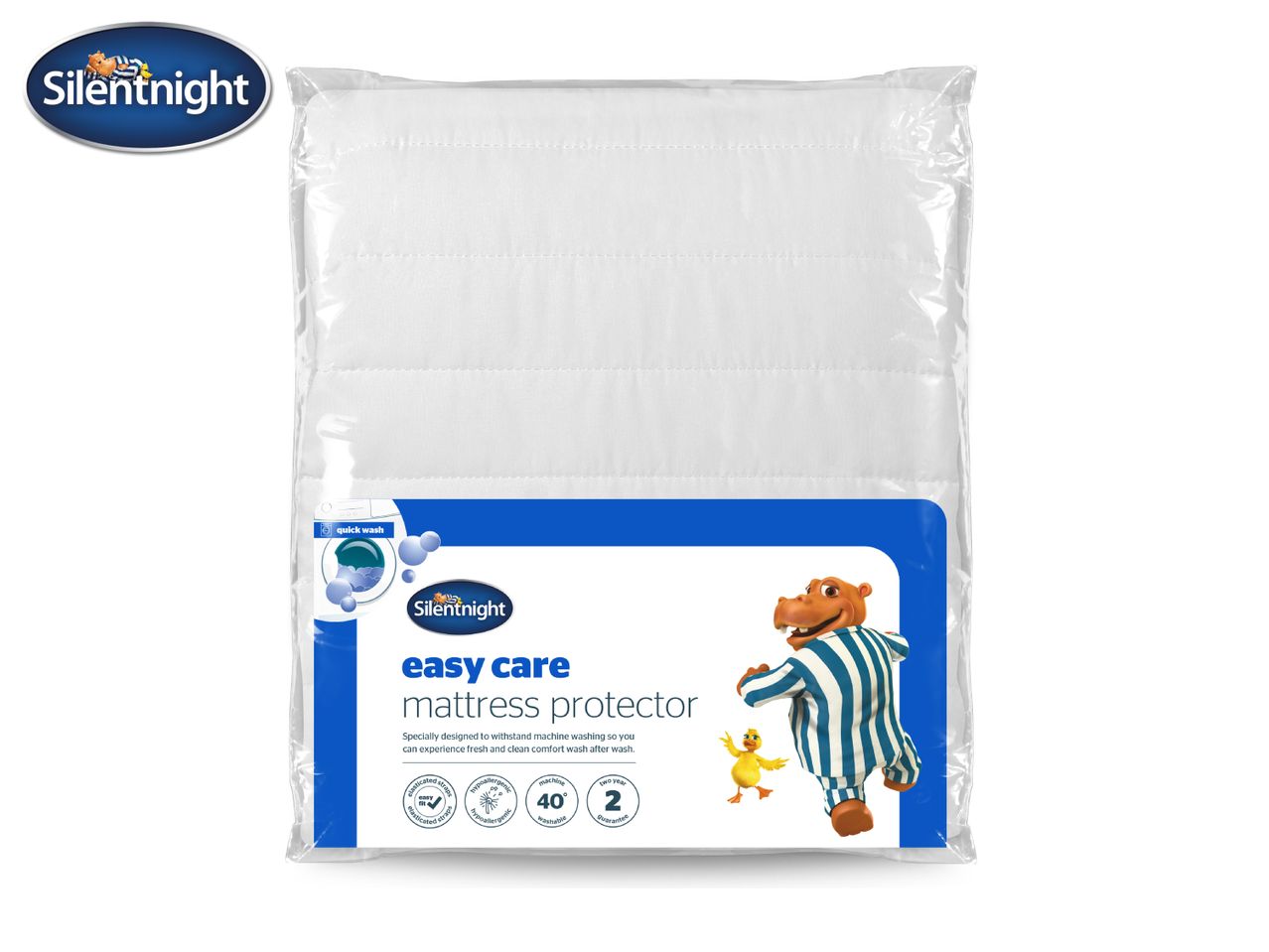 Mattress protector in clear packaging with care instructions and cartoon characters.