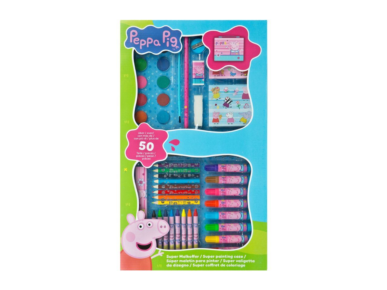 Peppa Pig art set with crayons, markers, and paper.