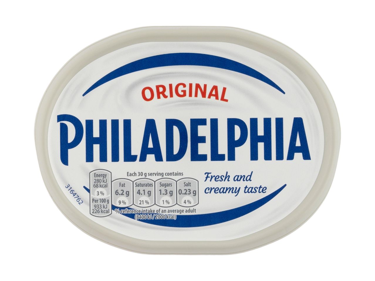 A Philadelphia Original cream cheese tub with nutritional information.