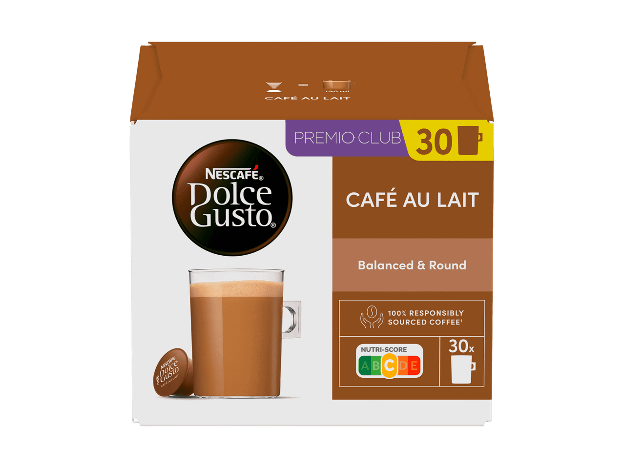 Drei Packungen Kaffeekapseln: Espresso, Lungo und Café au Lait, jeweils 30 Kapseln.