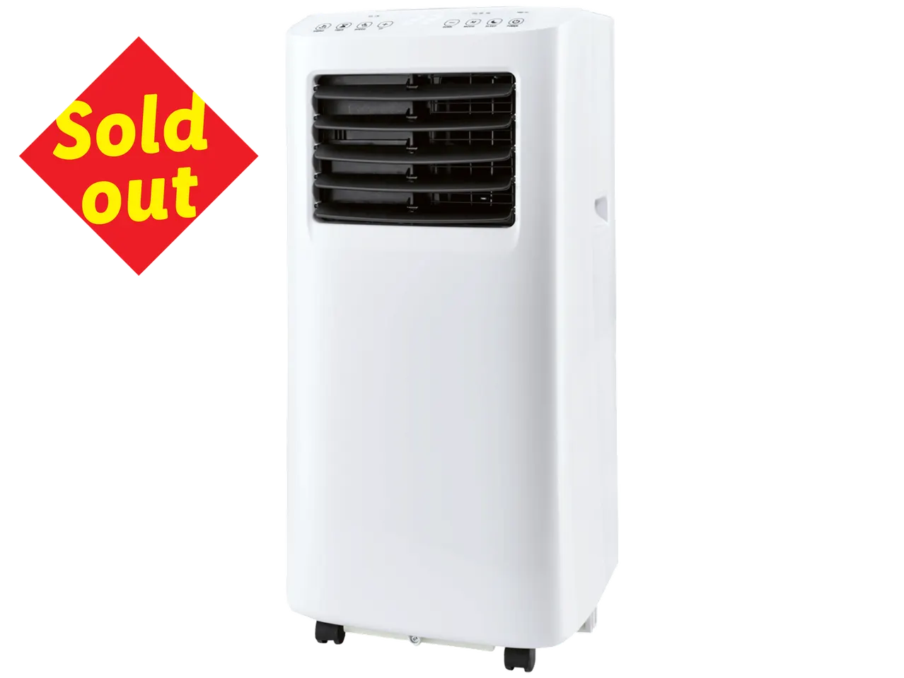 White portable air conditioner with a red 'Sold out' sign.