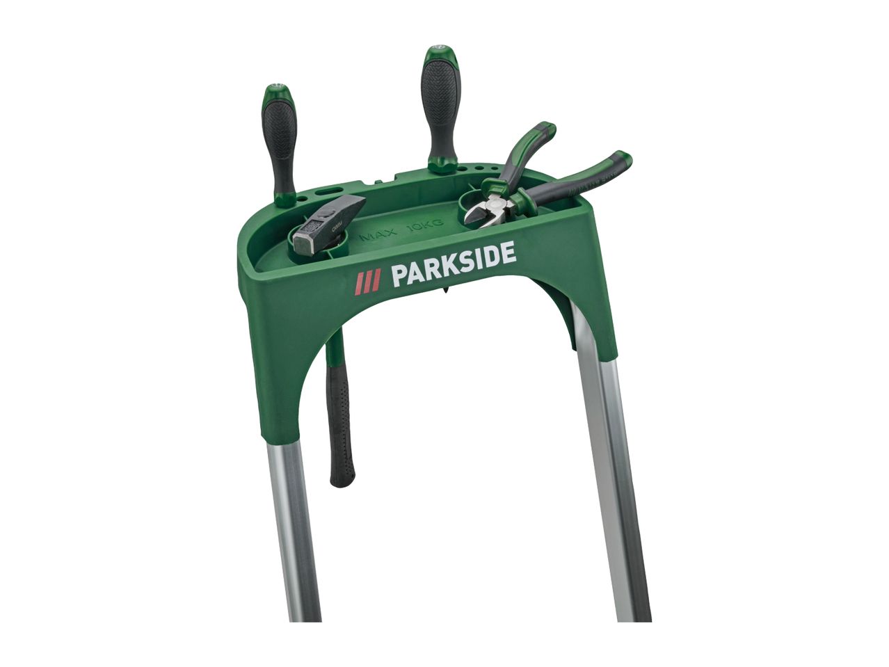 PARKSIDE green tool stand with screwdrivers, hammer, and pliers, max 10kg