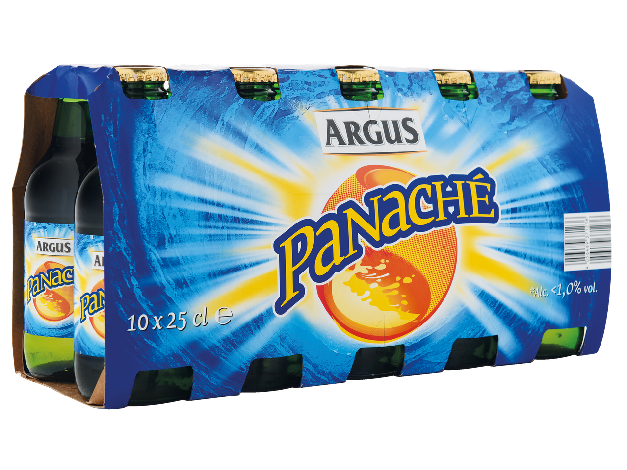 Pack de bebidas Argus Panaché em garrafas verdes.