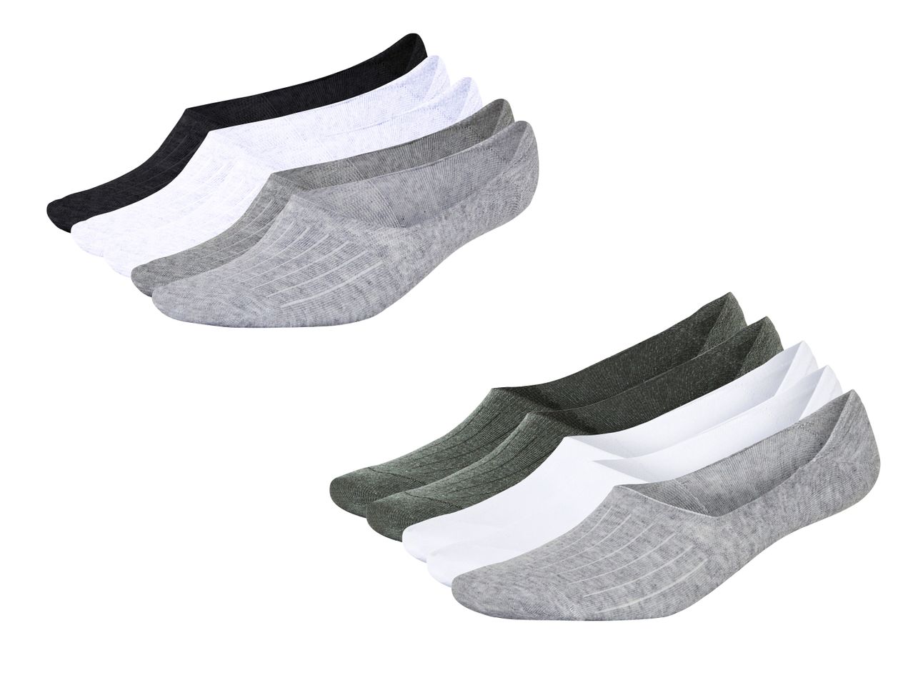 Sortiment von No-Show Socken in Schwarz, Weiß und Grau.