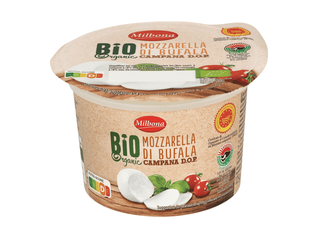 Packung Bio-Büffelmozzarella mit Nutri-Score D.
