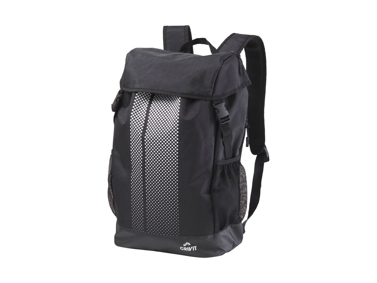 Black backpack with white dotted stripes, mesh side pockets, and padded shoulder straps.