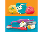 PLAY-DOH® Modellervoks: Massa de modelar azul, amarela, vermelha e ferramentas de dentista.