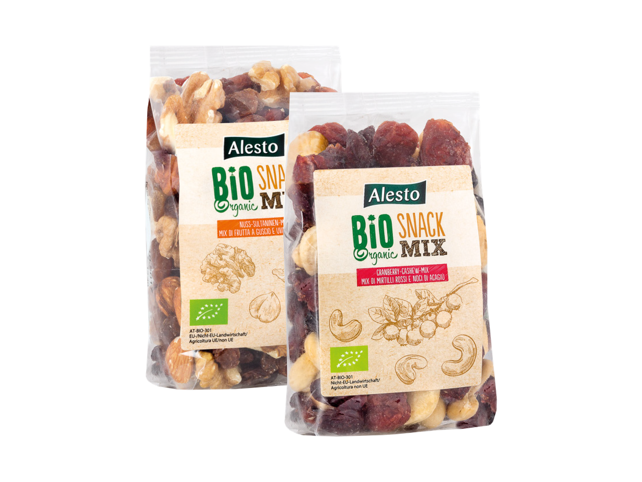Due confezioni di mix di frutta secca e noci biologiche Alnatura Bio Snack Mix.