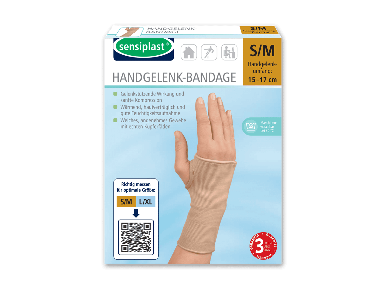 Verpackung einer Sensiplast Handgelenk-Bandage in Größe S/M.