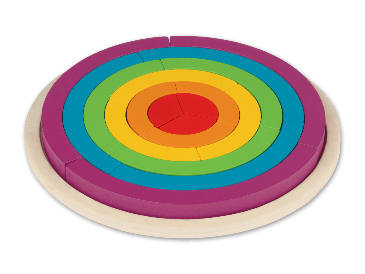 Regenbogen-Holzpuzzle mit konzentrischen Kreisen in verschiedenen Farben