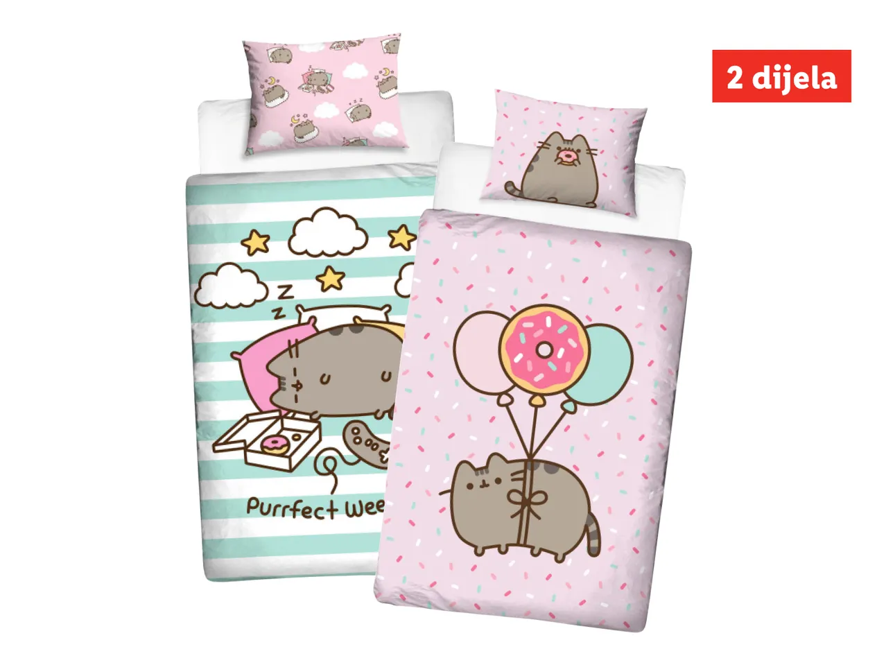 Pusheen posteljina s jastučnicama, jedna s prugama i mačkom koja spava, druga s točkicama i mačkom s balonima.