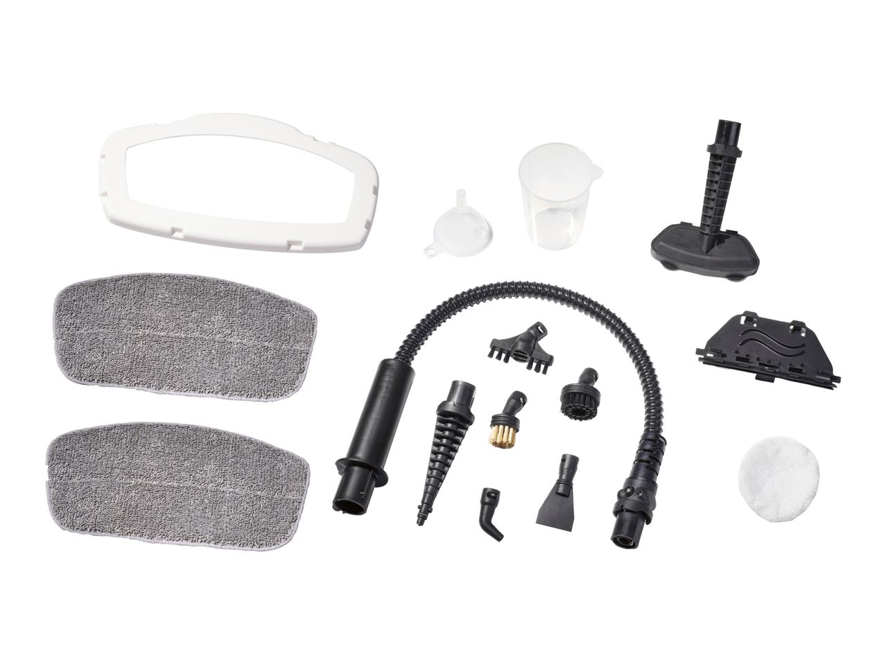 Steam cleaner accessory kit with various nozzles, brushes, and filters.