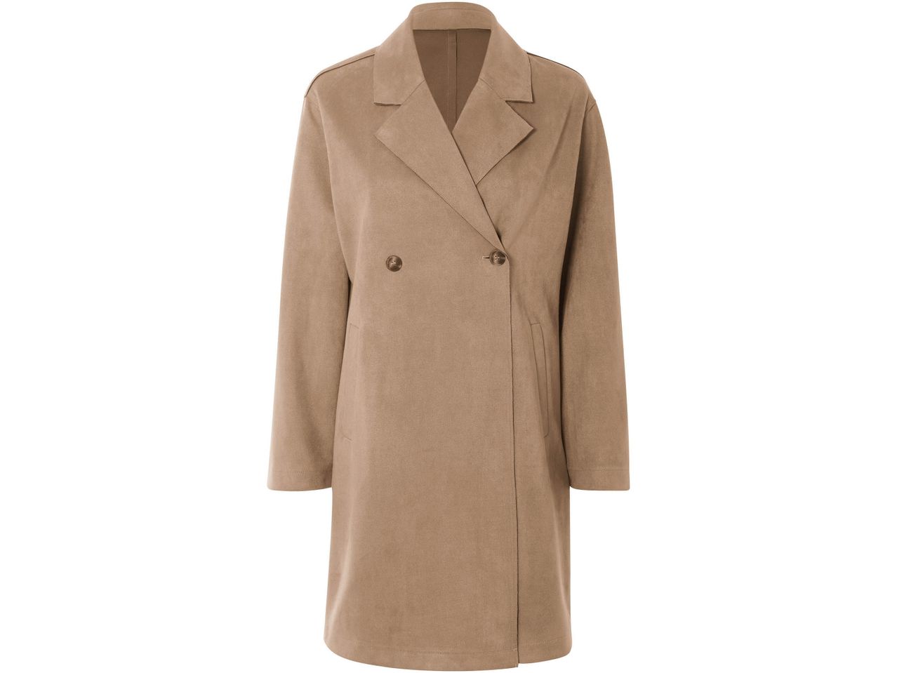 Cappotto doppiopetto color cammello in camoscio con bottoni marroni.