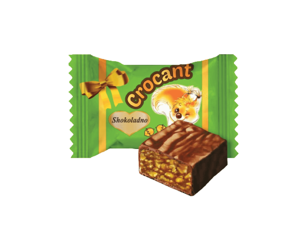 Žalias saldainio įpakavimas su voveraite ir šokoladinis saldainis su riešutais.