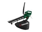 Green electric leaf blower with a black collection bag and shoulder strap.