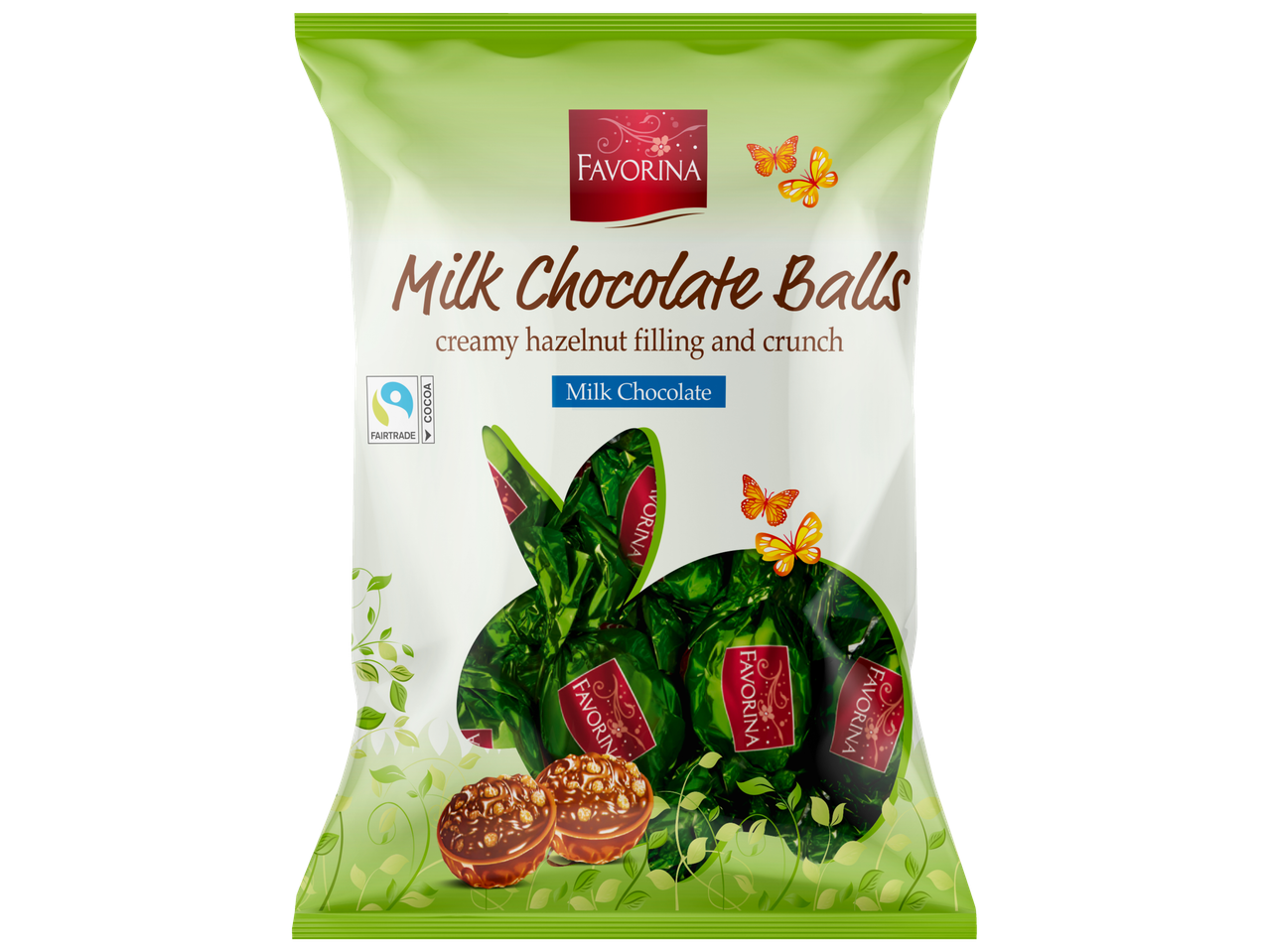 Bile de ciocolată Favorina cu umplutură cremoasă de alune.