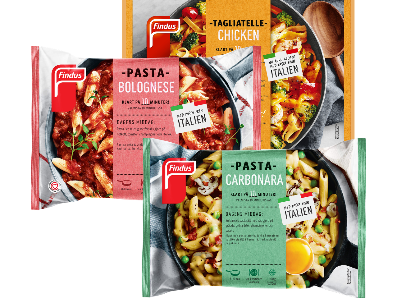 Tre förpackningar med frysta pastarätter: Pasta Bolognese, Tagliatelle Chicken och Pasta Carbonara.