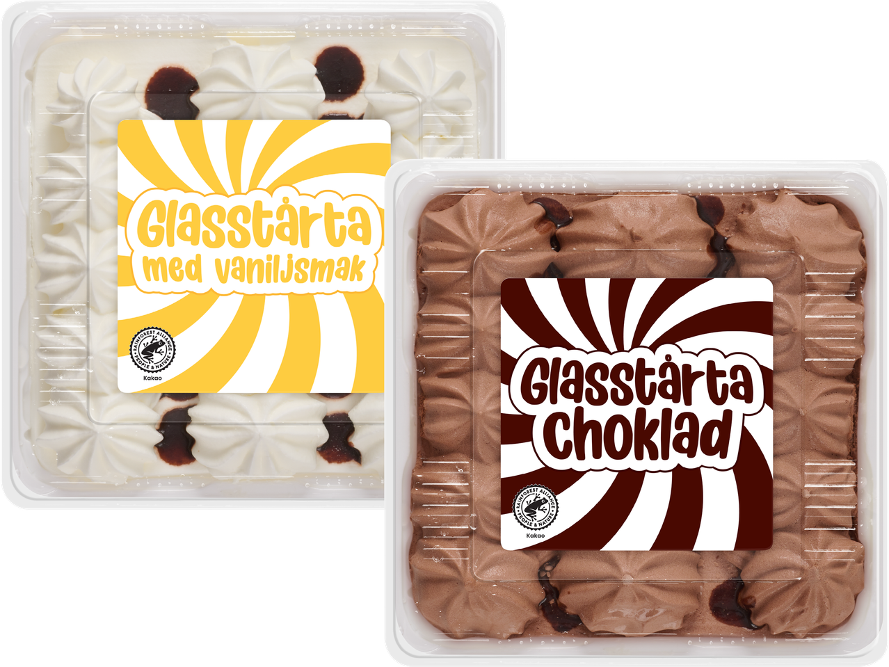 Två glasstårtor i plastförpackningar, en med vaniljsmak och en med chokladsmak.