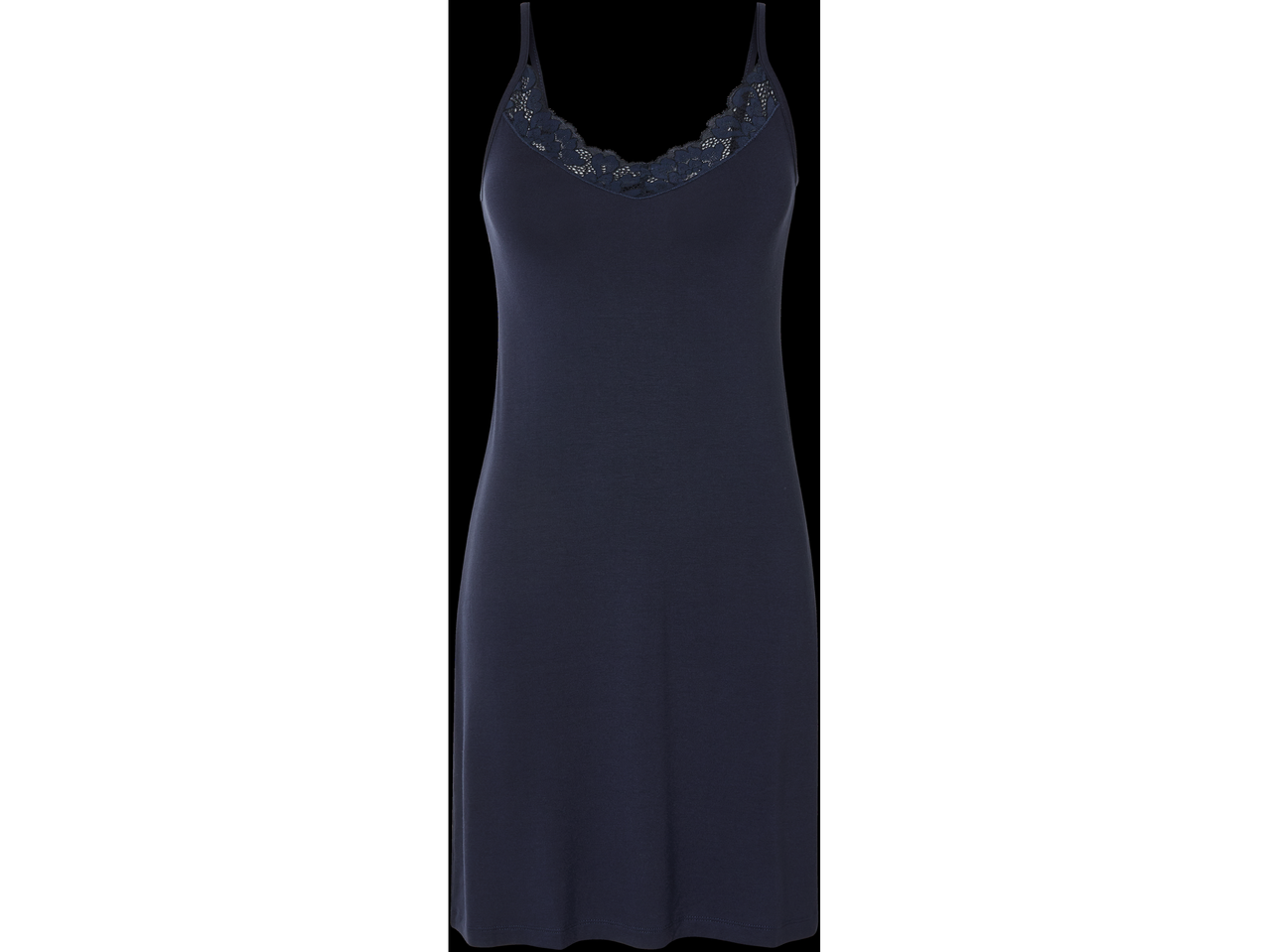 Tumši zils slidens kleita ar mežģīnēm.