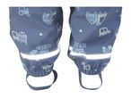 Children's blue rain pants with construction vehicle patterns and reflective stripes.