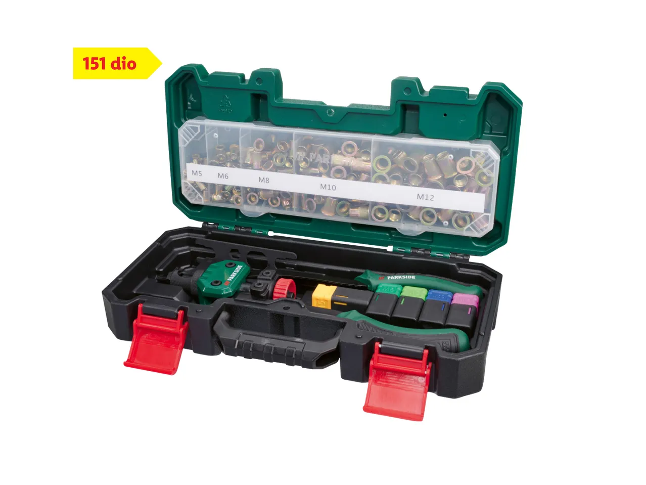 Set alata Parkside s 151 dijelom, uključujući zakovice i ručni alat.