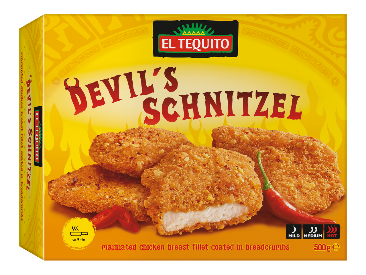 El Tequito Devil's Schnitzel: fileuri de pui picante, pane.