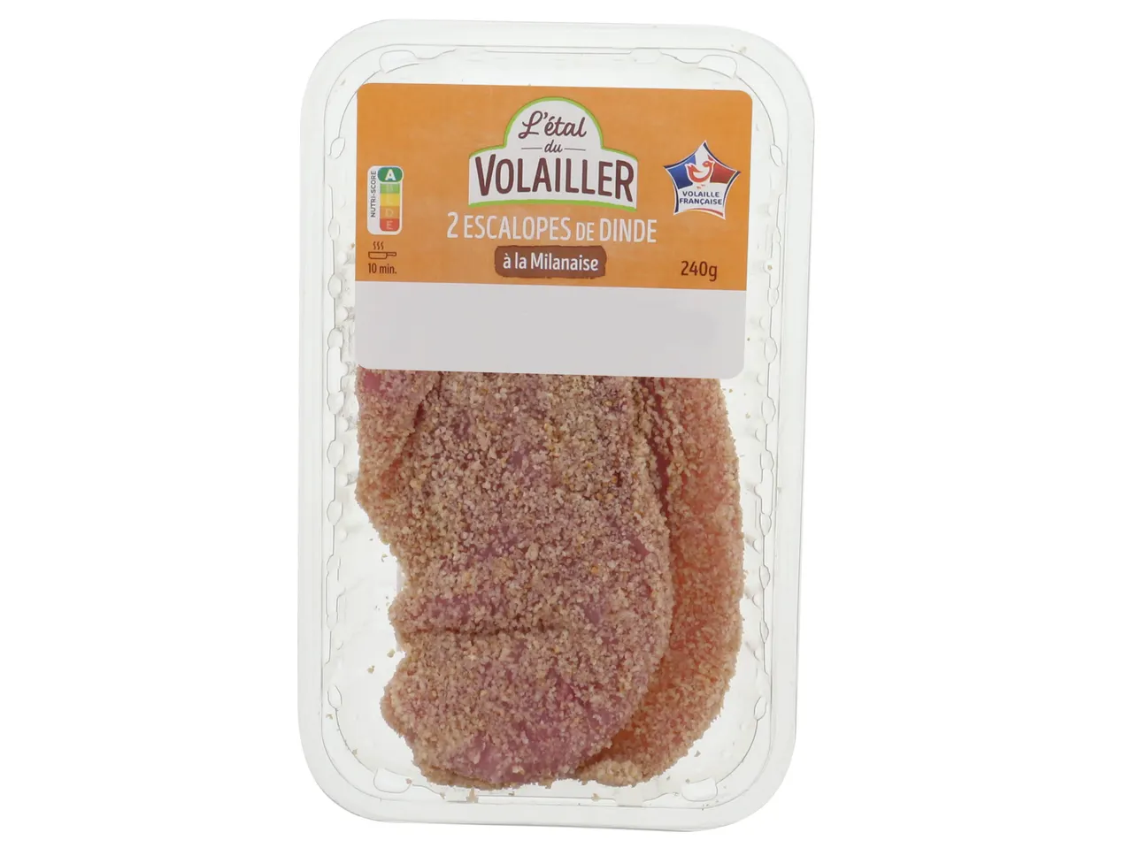 Emballage de deux escalopes de dinde à la milanaise de la marque L'étal du Volailler, 240g.