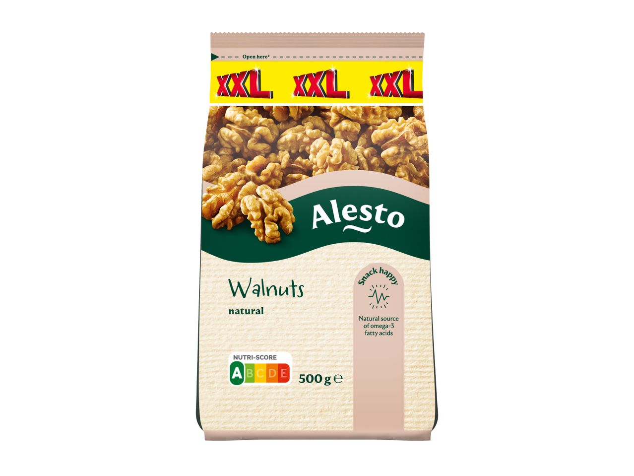 A bag of natural walnuts with an XXL label, showing a Nutri-Score A and 500g weight.