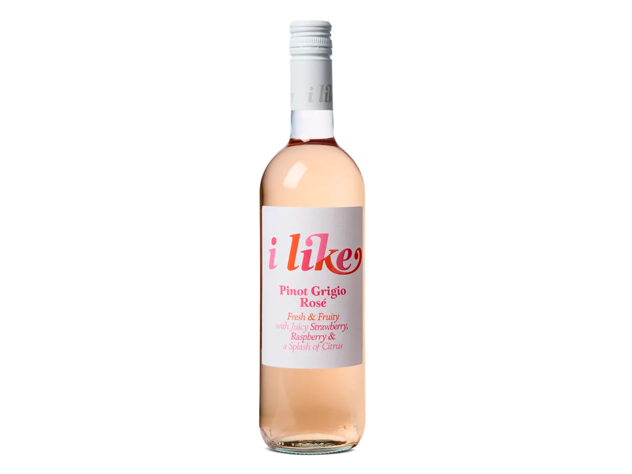 Een fles roséwijn met een wit etiket met de tekst 'i like Pinot Grigio Rosé' en een beschrijving van de smaak.