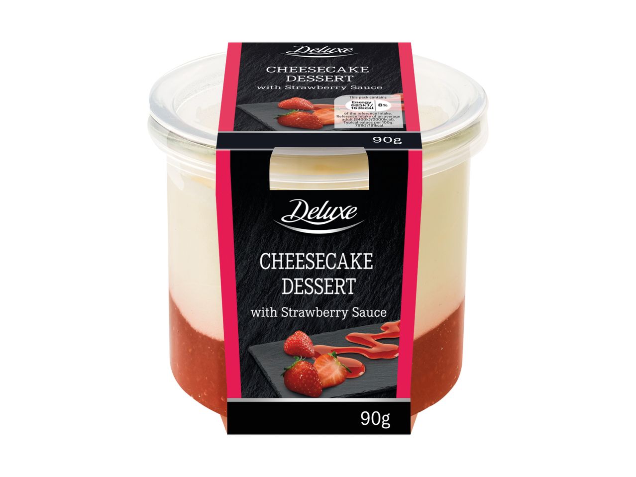 Cheesecake dessert with strawberry sauce in a clear plastic pot, 90g, with nutritional information.