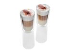 Two Latte glasses with layered coffee drinks.