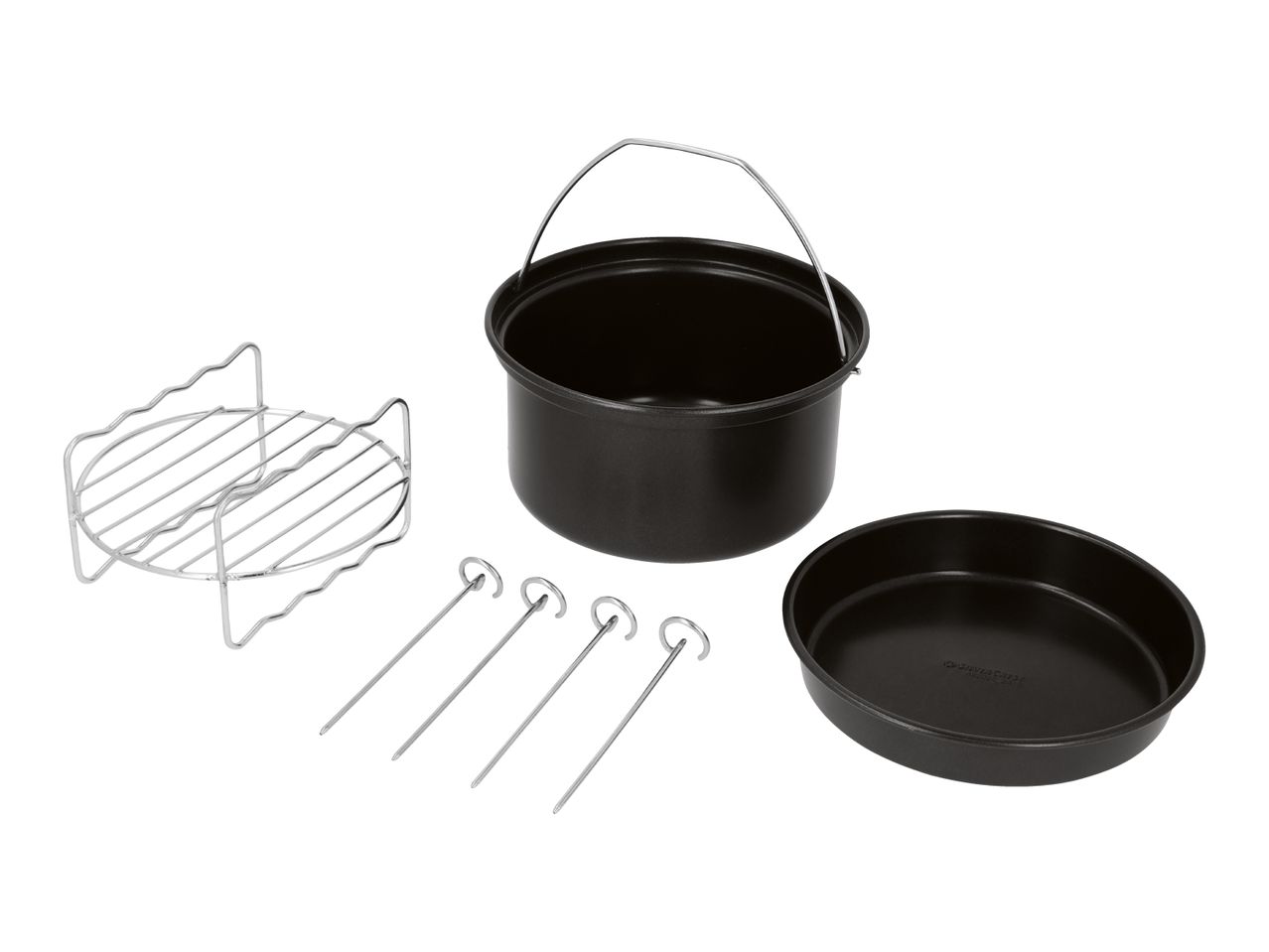 Air fryer accessories set including a cake pan, a pot with handle, a rack, and skewers.
