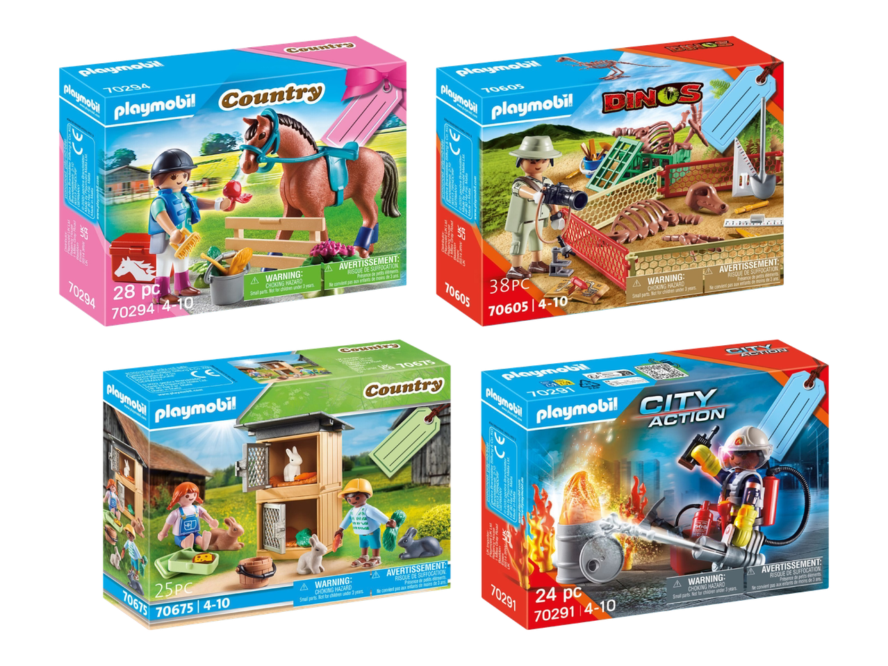 Neljä Playmobil-leikkisarjaa: hevosia, maatilan elämää ja keskiaikaa.