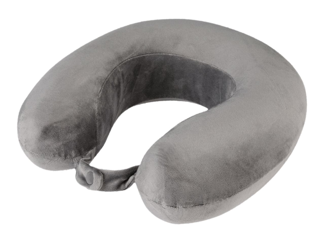 A gray U-shaped neck pillow with a button clasp.