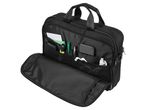 Black Laptop Bag with open compartments holding a phone, pens, and other items