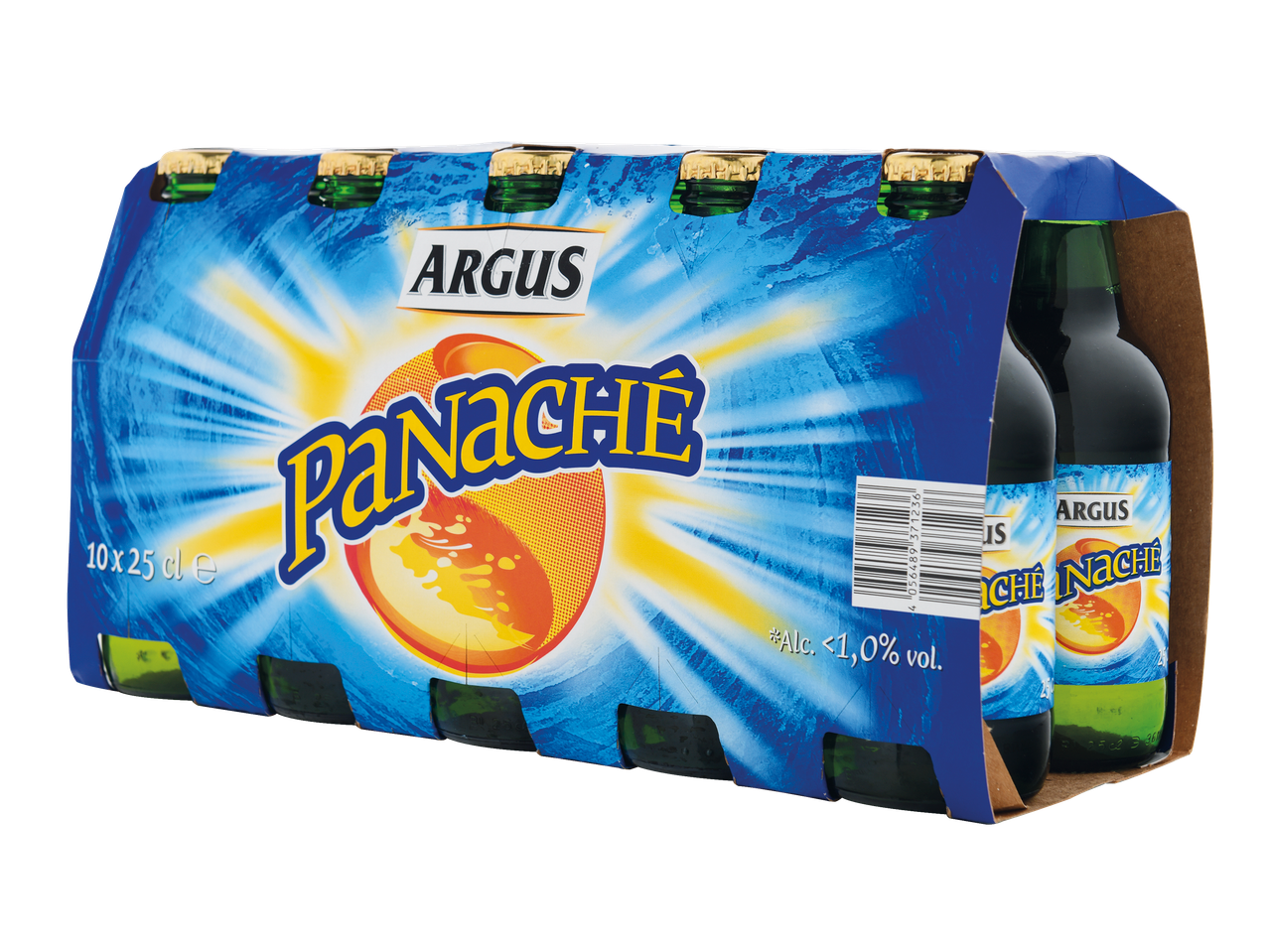 Embalagem Argus Panaché 10x25cl, com menos de 1,0% de álcool.