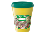 Жълта опаковка горчица с хрян, 200 г, със зелен капак и етикет.