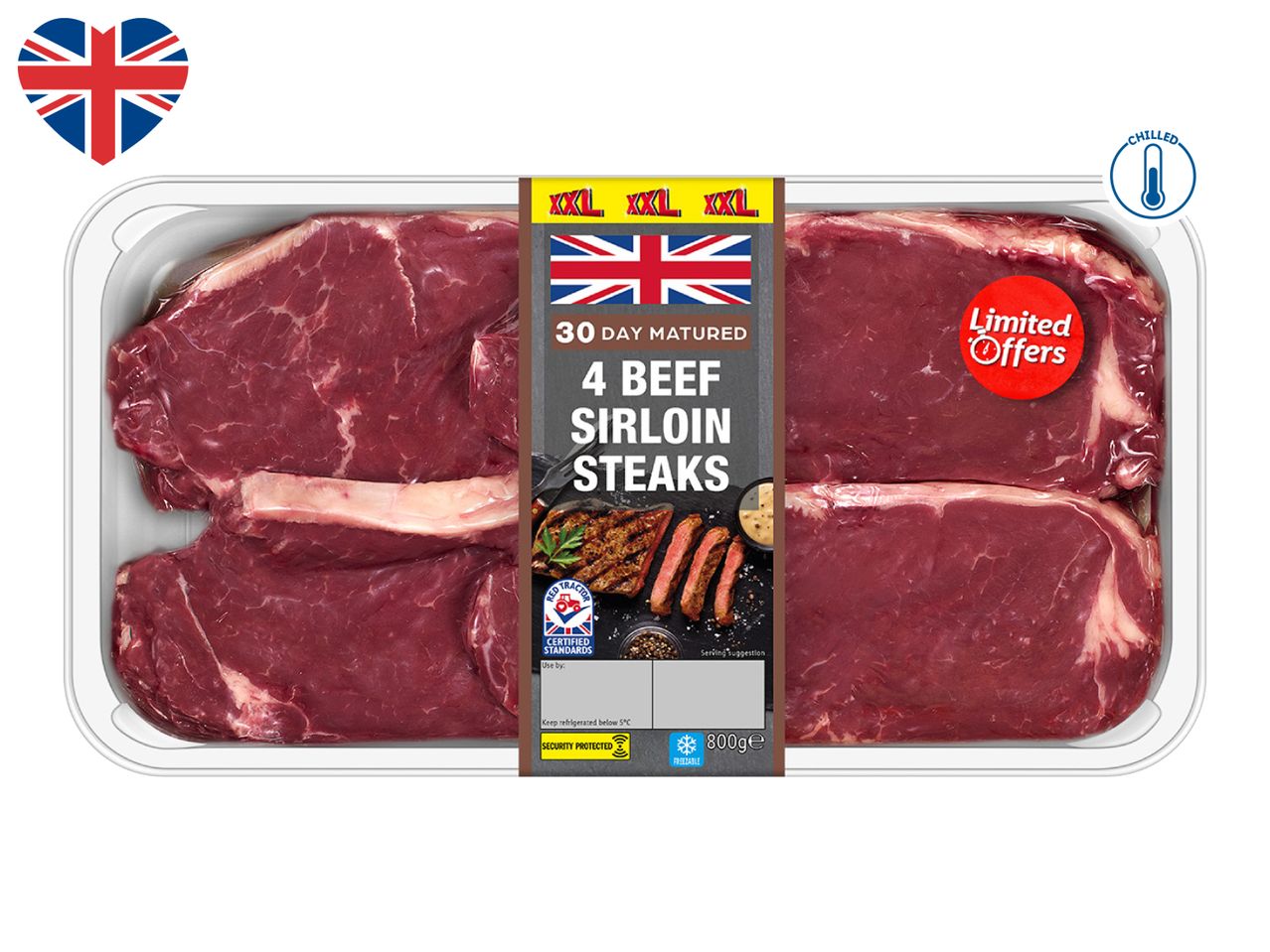 Pack of 4 beef sirloin steaks, 30-day matured, 800g, with a Union Jack heart icon.