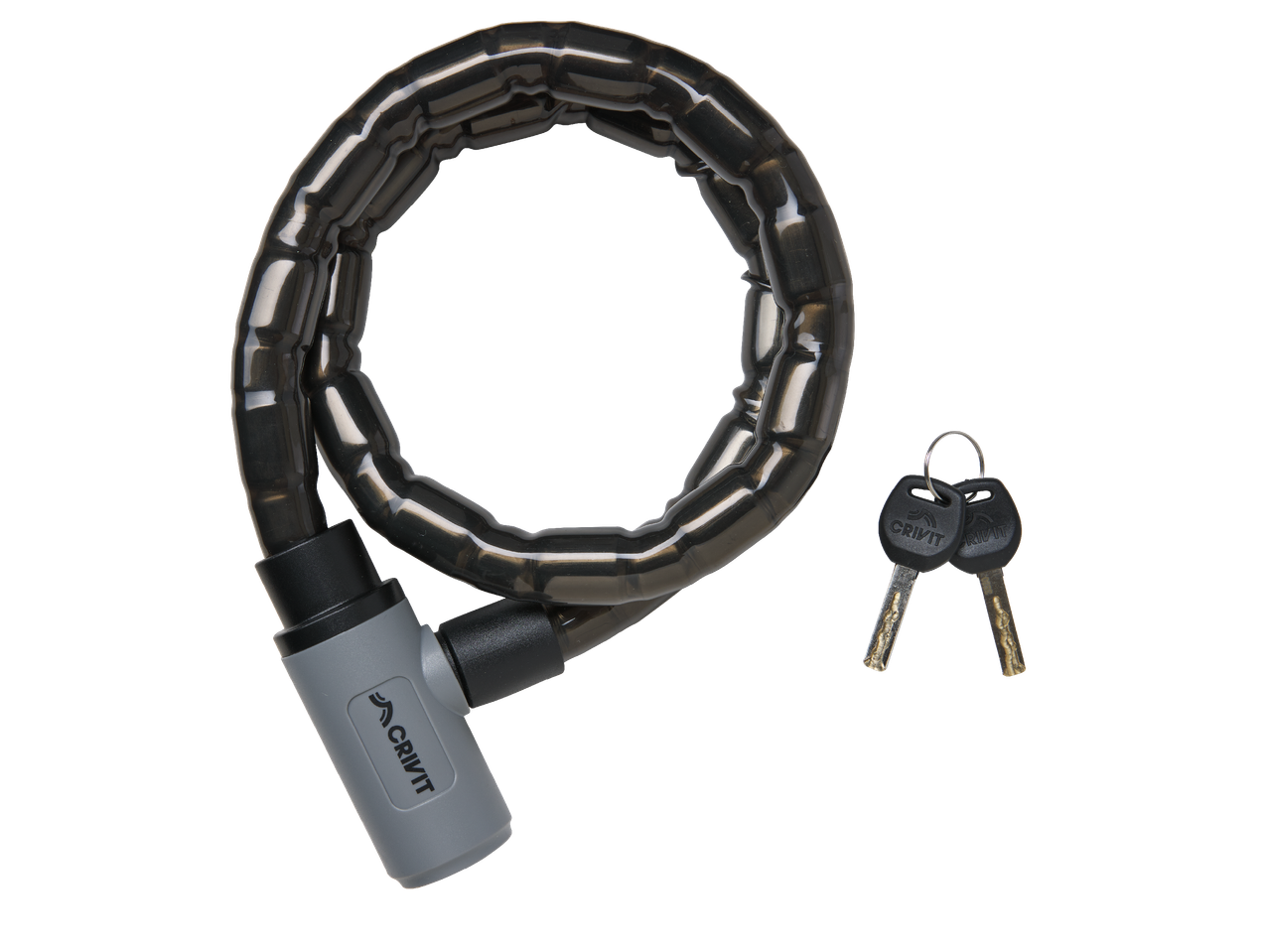 Верижна ключалка за велосипед със сив механизъм и два ключа.