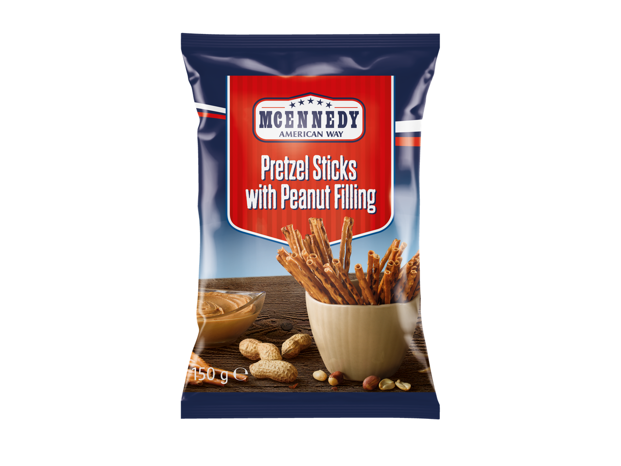 McEnnedy Pretzel Sticks with Peanut Filling, 150g bag showing pretzels, peanut butter, and peanuts.