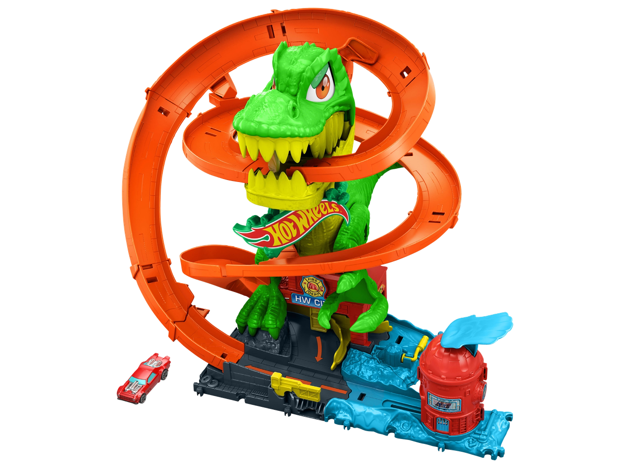 Комплект Hot Wheels с писта, зелен динозавър и червена кола.