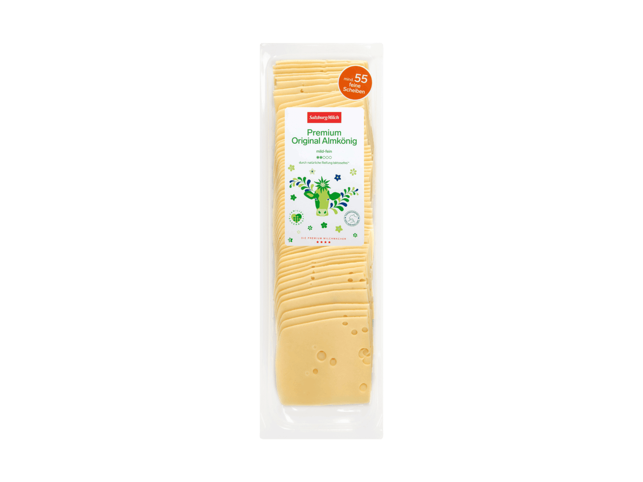 Packung mit 55 Scheiben mild-feinem Käse, laktosefrei durch natürliche Reifung.
