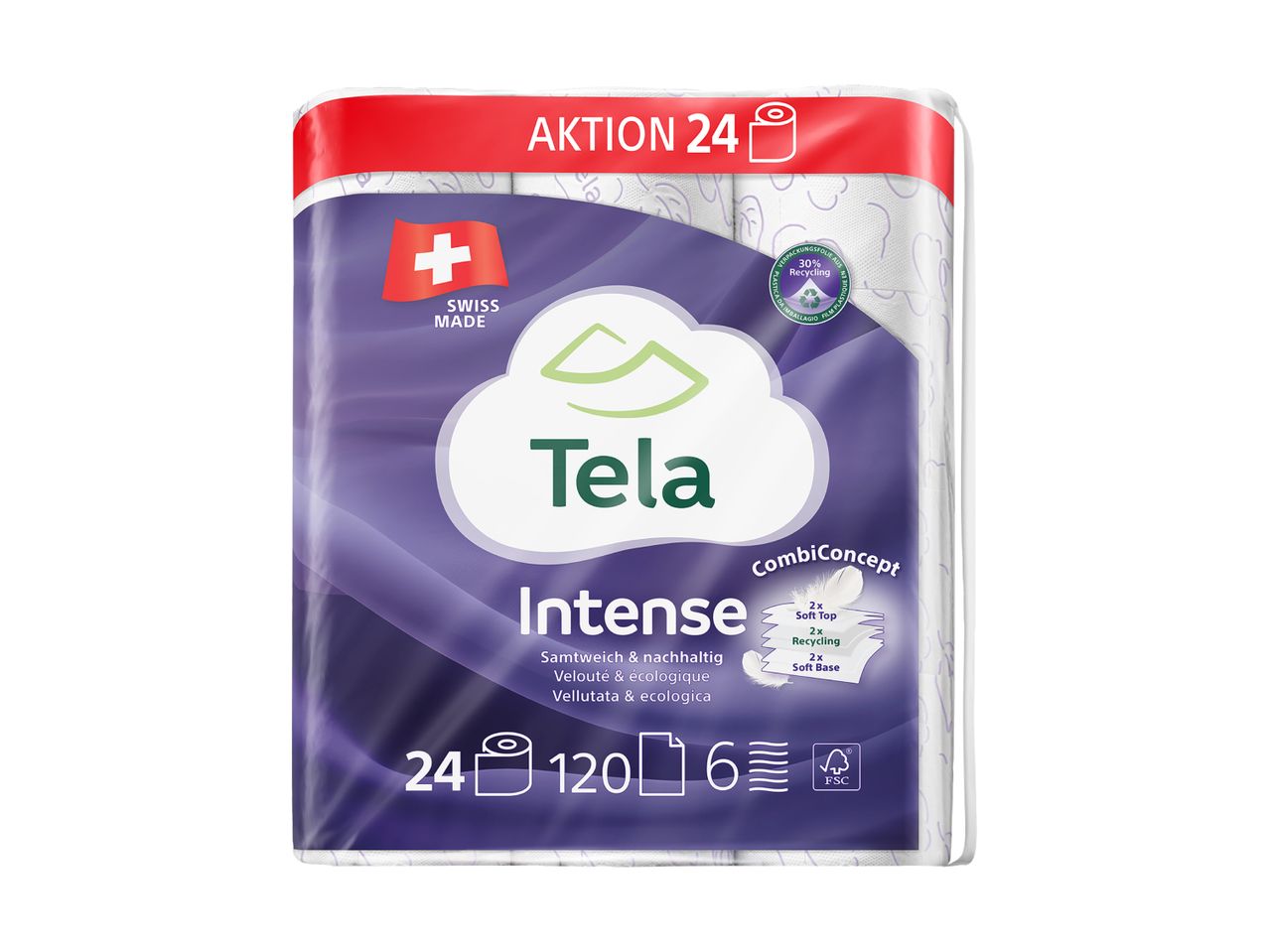 Rotolo di carta igienica Tela Intense: 24 rotoli, 120 fogli, morbidissima e sostenibile.