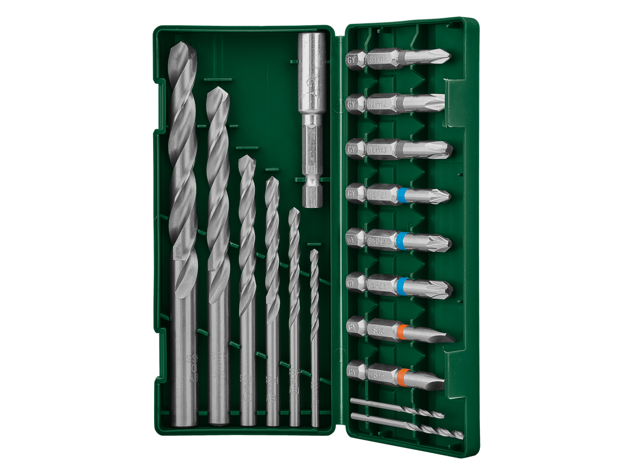 Parkside® puuri- ja otsikukomplekt rohelises karbis, akupuur-kruvikeerajale.