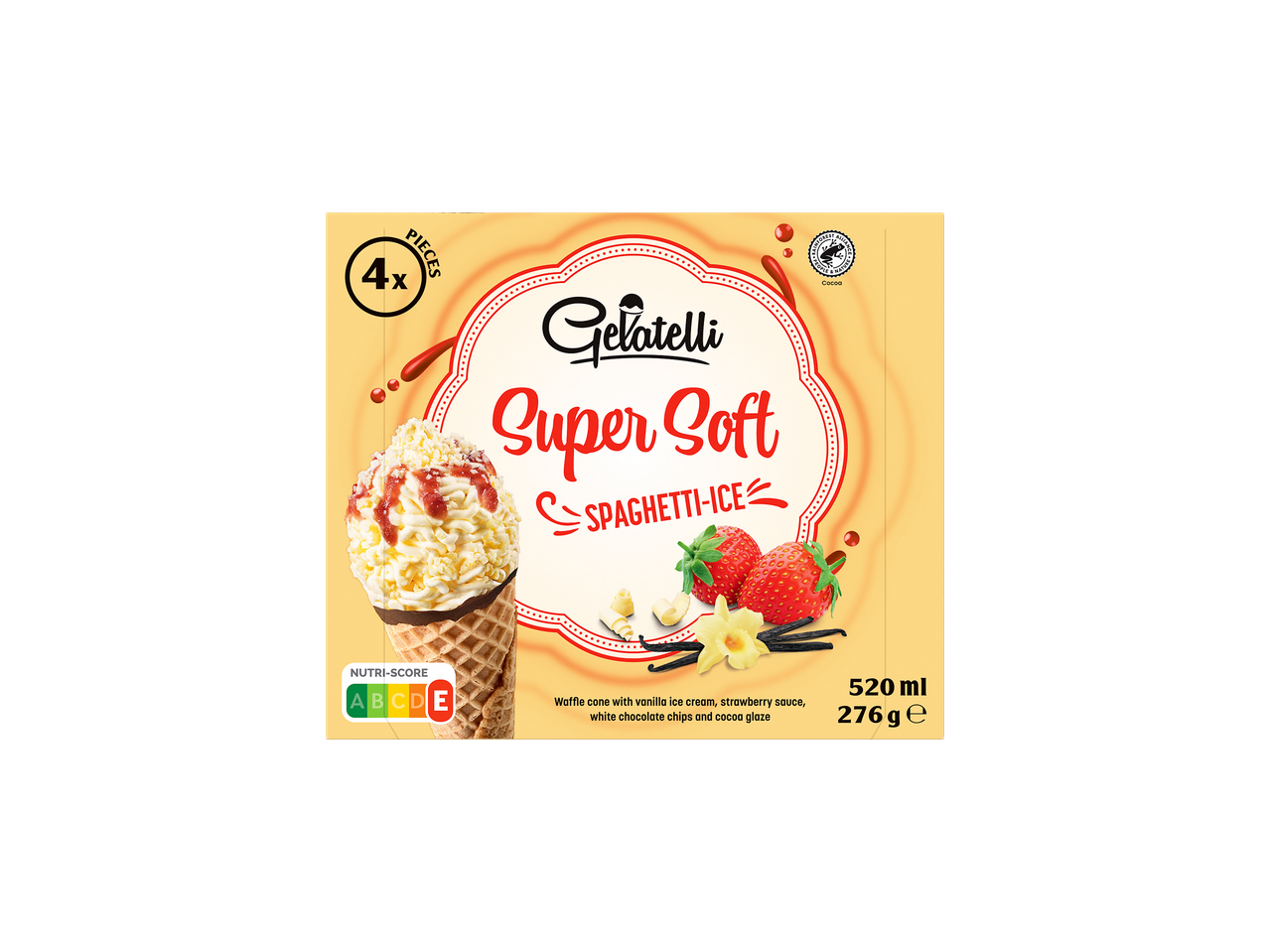 Gelatelli Softeis Spagetijäätis vahvlikoonuses maasikakastme ja valge šokolaadiga.