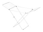 White clothes drying rack with blue accents, angled view.