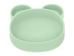 Light green bear-shaped silicone baby bowl with embossed facial features.